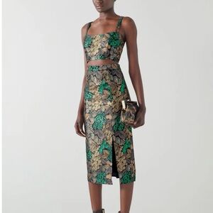 LK Bennett Green and Gold Floral Midi Skirt